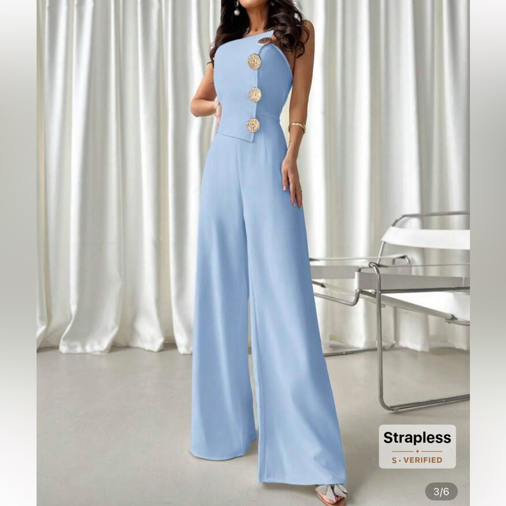 Elegant Light Blue Strapless Jumpsuit